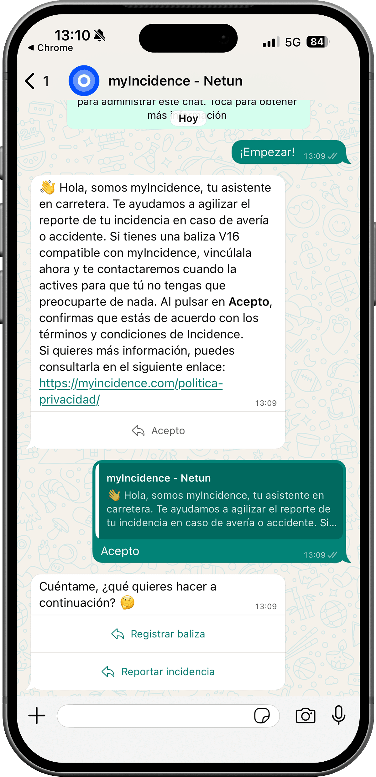 Conversación de vinculación por WhatsApp en myIncidence