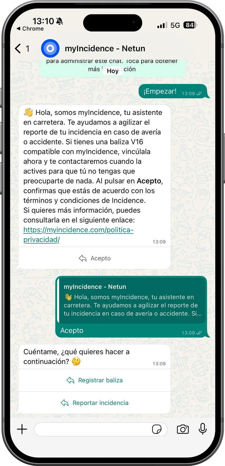 Conversación de vinculación por WhatsApp en myIncidence